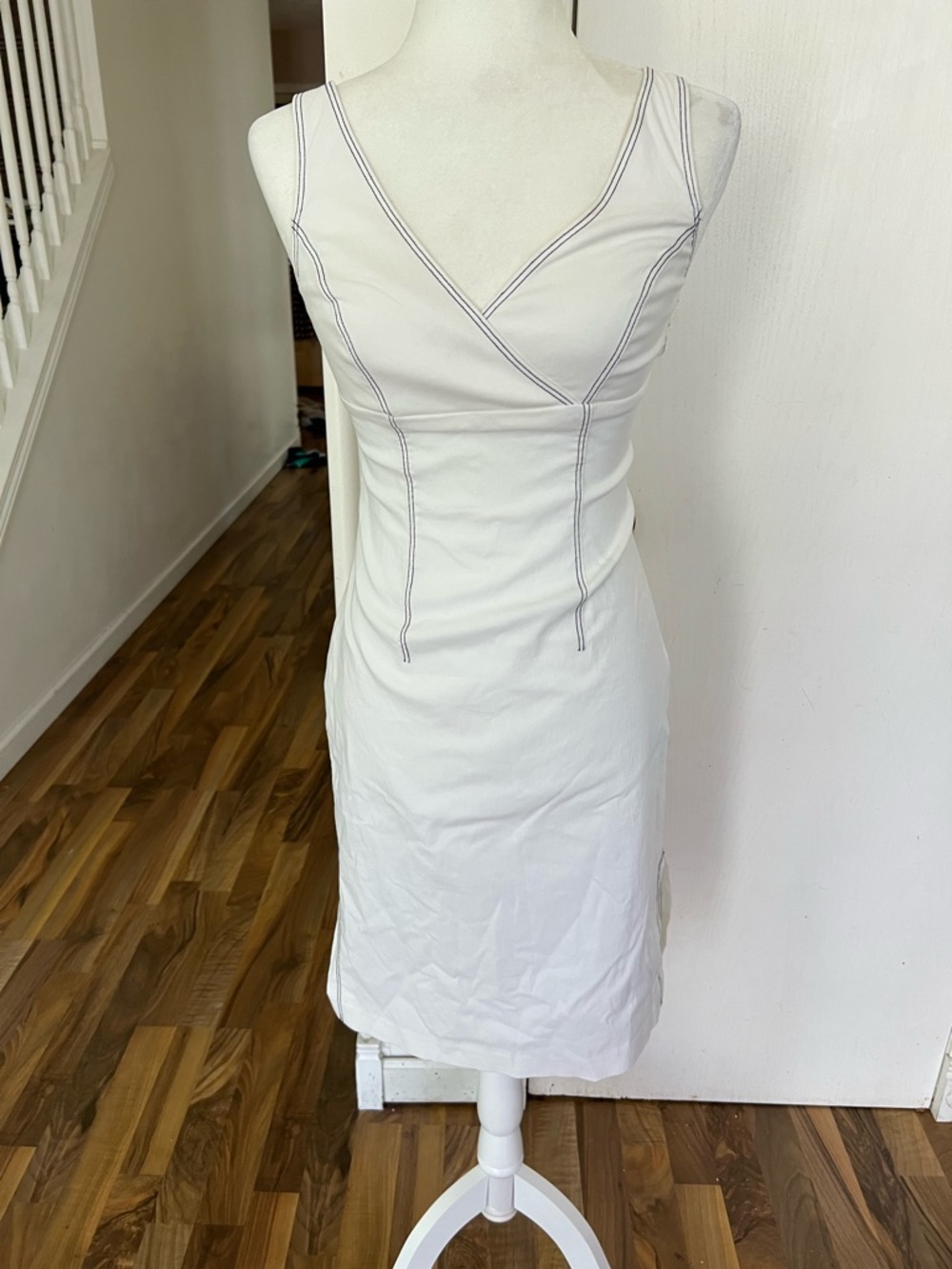 Express y2k White Sleeveless V-Neck Midi Dress with Contrast Black Stitching, XS